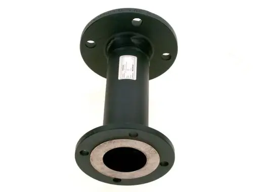 BOSCH Rohr mit Flanschen, rundem Querschnitt und beschichteter Oberfläche, geeignet für Verbindungen in Heizungs- oder Kesselsystemen.